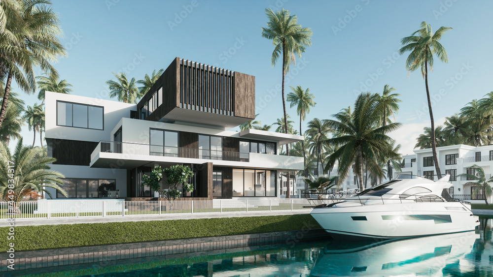 Luxurious villa with palm trees and yacht. White yacht near an expensive mansion. 3d illustration - obrazy, fototapety, plakaty 