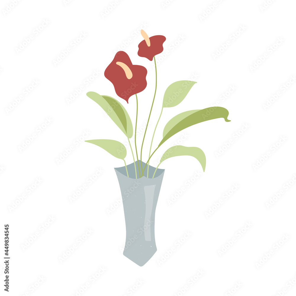 Obraz premium Vector hand drawn illustration whith cute blue floral vase and home plant