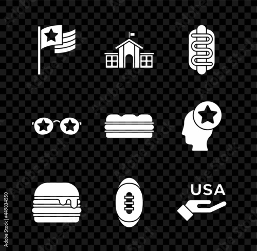 Set American flag, United States Capitol Congress, Hotdog sandwich, Burger, Football ball, USA Independence day, Glasses with stars and Sandwich icon. Vector