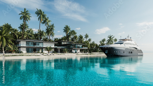 Canvas Print Luxurious villa with palm trees and yacht