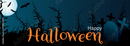 A flyer for a Halloween party. A bright moon with silhouettes of bats against the dark sky and a terrible forest with a cemetery