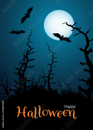 A flyer for a Halloween party. A bright moon with silhouettes of bats against the dark sky and a terrible forest with a cemetery
