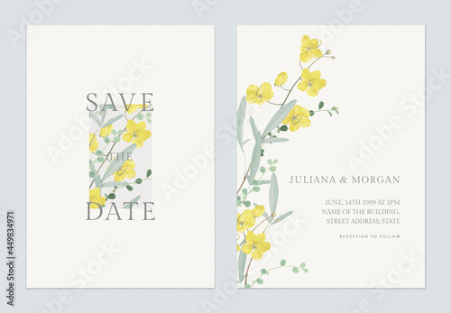 Floral wedding invitation card template golden shower flowers  and leaves on bright yellow