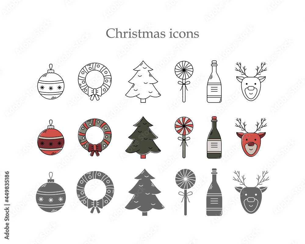 Vector set of Christmas icons in three styles. Line art, simple style and color outline.