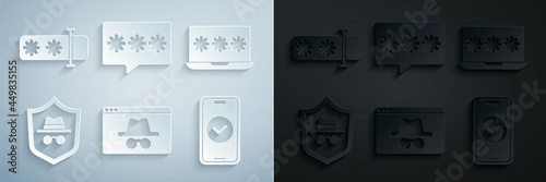 Set Browser incognito window, Laptop with password, Incognito mode, Smartphone, Password protection and icon. Vector