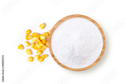 Photos Corn starch in wooden bowl and fresh sweet corn isolated on white background