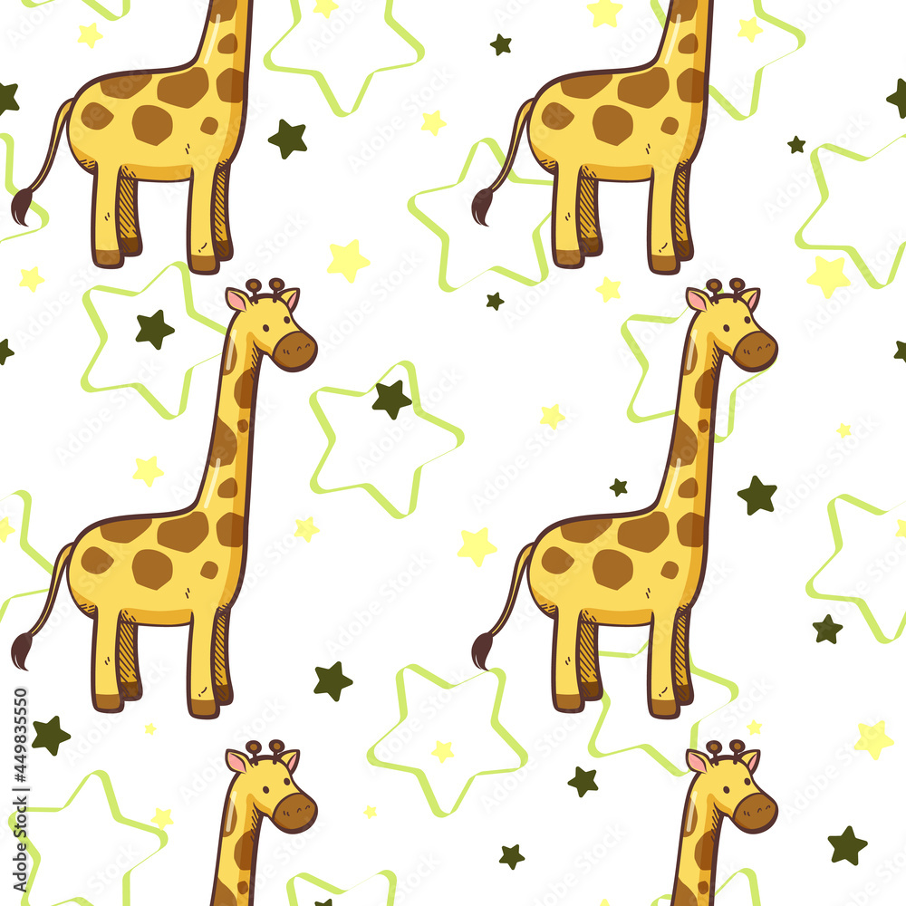 Seamless pattern giraffe and star cartoon vector illustration, White wallpaper background, This design can be used as a cute background and used as part of a design. Seamless pattern giraffe and star cartoon vector illustration, White wallpaper background, This design can be used as a cute background and used as part of a design.