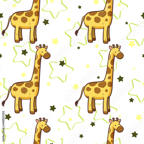 Seamless pattern giraffe and star cartoon vector illustration, White wallpaper background, This design can be used as a cute background and used as part of a design.