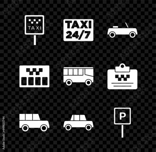 Set Road sign for a taxi stand, Location with, Car, Parking, Taximeter and Bus icon. Vector