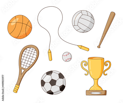 Set of sports equipment. School lessons. Balls, racket, award, etc. Colored isolated illustrations in cartoon style on a white background.