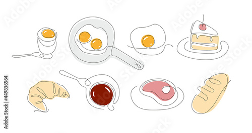 One line breakfast Set. Continuous line food. Eggs and sunny side up in minimalistic design. Croissant line art. Cafe good morning collection. design vector. For Menu and posters. For restaurants .