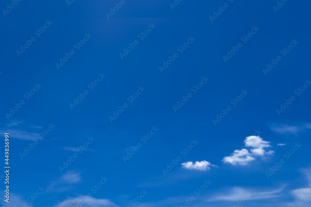 Background of wide fresh blue sky with small white fluffy clouds. Image of meteorology presentation or inspiration concept. Copy space for summer theme photos.