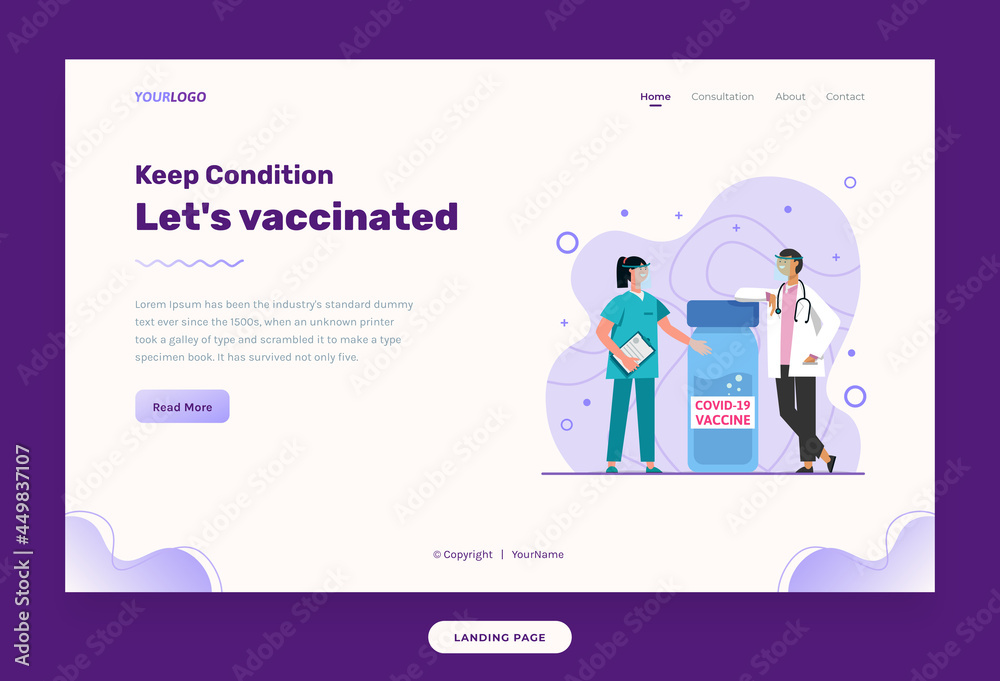 Website template illustration Nurses and doctors, with vaccine bottles