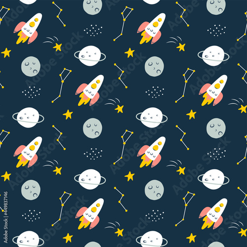 A seamless space pattern with rockets, constellations, planets and stars. Children's cartoon-style illustration for printing on fabric, clothing, stationery and wrapping paper