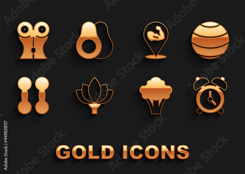 Set Lotus flower, Fitness ball, Alarm clock, Broccoli, Dumbbell, Bodybuilder muscle, Women waist and Avocado fruit icon. Vector