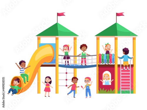 Kids play playground. Children climb on amusement ride, roll down baby slide, outdoor park entertainment for girls and boys. School or kindergarten game area vector cartoon isolated concept