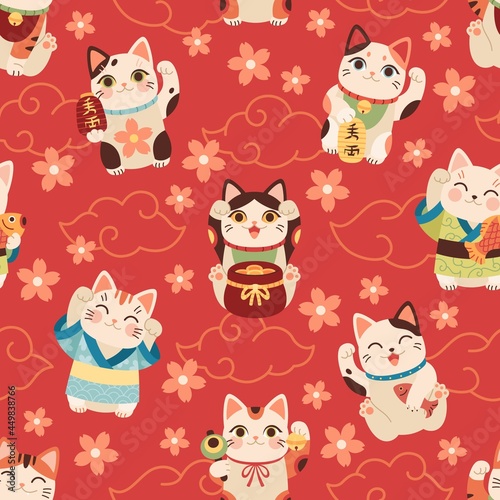 Seamless japanese maneki cats pattern. Lucky asian symbols, cartoon fun characters, kittens with raised paw hold coins, flashlights on red. Decor textile, wrapping wallpaper vector print