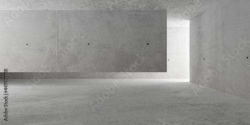 Abstract empty, modern concrete room with indirect lighting from right side wall, floating center wall and rough floor - industrial interior background template