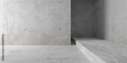 Abstract empty, modern concrete room with indirect lighting from left, step on the right and rough floor - industrial interior background template