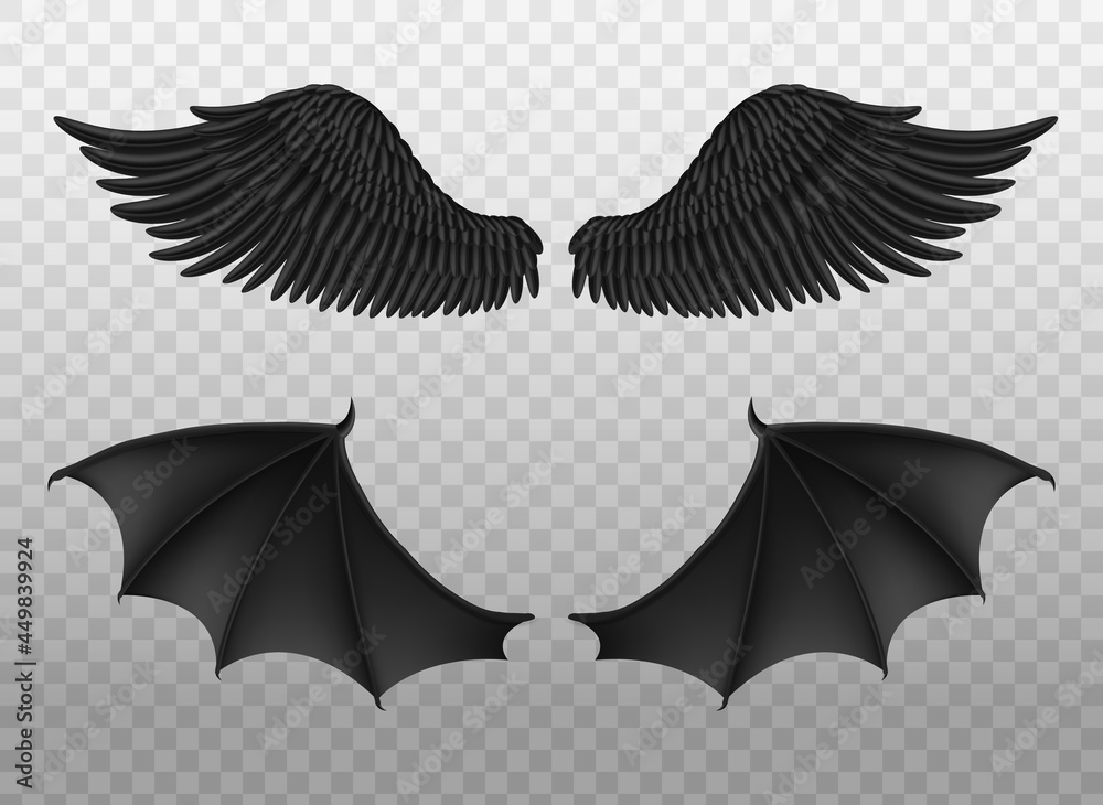 Fototapeta premium Realistic black wings. Pair of dark feathers raven and bat wings, crow bird parts, isolated demon elements, fly animals paired objects. Spiritual evil symbols vector 3d set