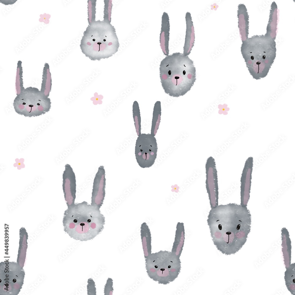 Pattern with grey hares and flowers Pattern with grey hares and flowers
