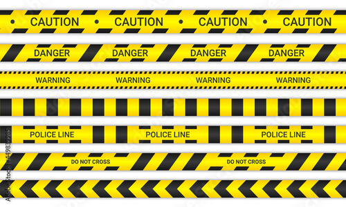 Police lines and don't cross ribbons. Caution and danger tapes in yellow and black color. Warning signs collection isolated on white background. Vector illustration © Maksym Kravchenko