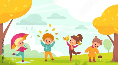 Autumn park walking. Happy kids play outdoor with falling leaves, little boys and girls with umbrellas jump through puddles and collect mushrooms, year season activities vector cartoon concept