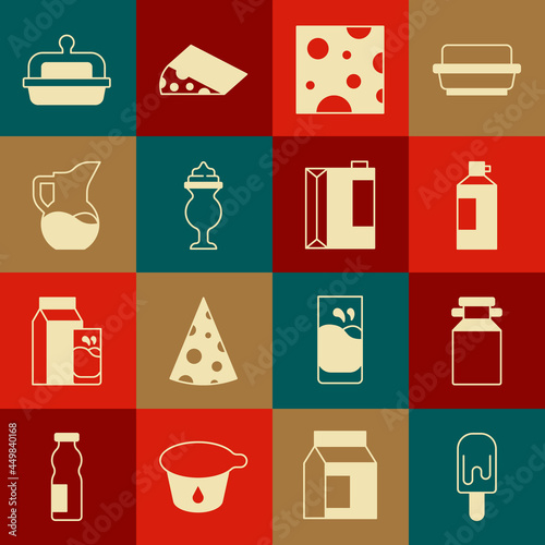 Set Ice cream, Can container for milk, Whipped bottle, Cheese, Milkshake, jug pitcher, Butter butter dish and Paper package kefir icon. Vector