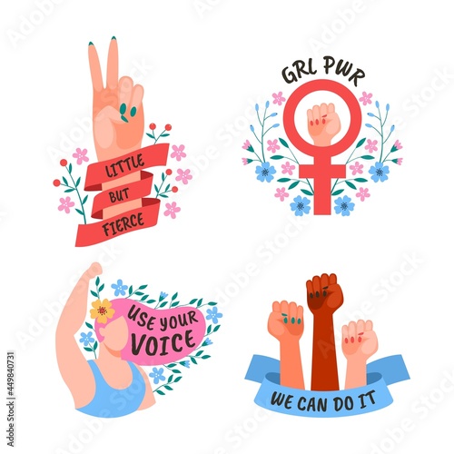 Girl power. Female movement feminist symbols. Woman society and solidarity stickers and labels, activist motivation slogan, inspiration card or poster vector hand drawn cartoon isolated set