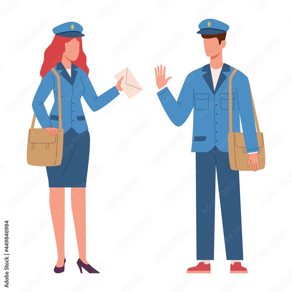 Postman characters. Woman and man in mailman blue uniform with bag and letter in hands. Male and female workers, express delivery logistic service. Vector cartoon flat isolated illustration Postman characters. Woman and man in mailman blue uniform with bag and letter in hands. Male and female workers, express delivery logistic service. Vector cartoon flat isolated illustration