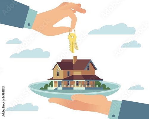 Turnkey house. Purchase of real estate ready for living. Hand over residential building key to property buyer. Mansion sale. Arms give home. Vector cottage buying transaction concept