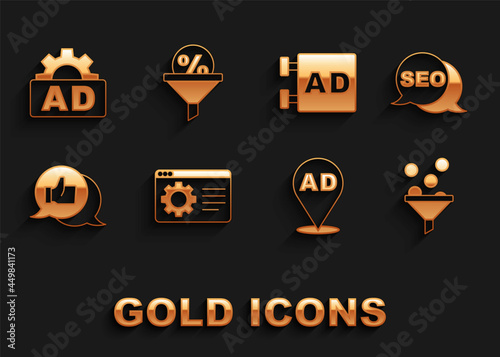 Set Browser setting, SEO optimization, Lead management, Advertising, Customer product rating, and icon. Vector