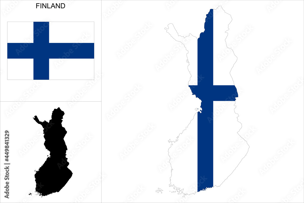 Carte de Finlande avec fond drapeau finlandais - Carte sous forme de motif noir et drapeau finlandais disponibles séparément