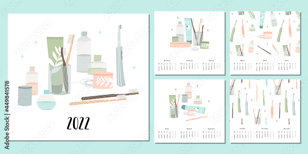 Calendar 2022,12 months. Week start from Monday. Event planner, organizer, schedule page design, weekly timetable. Oral care, dental hygiene, teeth health, toiletry. Vector flat cartoon illustration