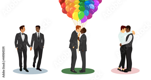 Vector illustration set of three gay white and afro american male couples at their wedding. A hugging male couple, kissing and holding multicolor balloons couple, and walking and holding hands coulpe.