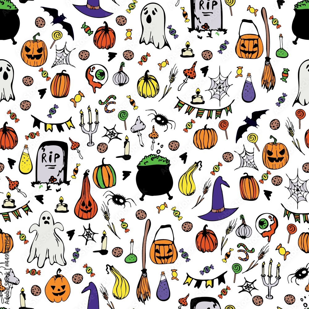Seamless pattern. Happy Halloween. Pumpkins, ghosts, bowler hat, candy, spider webs. Vector illustration.