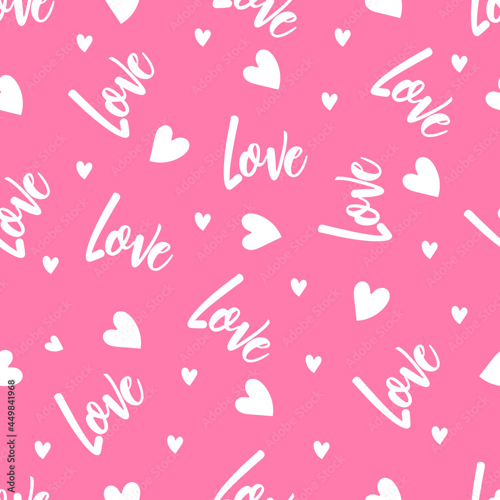 Seamless background with letters and hearts. Pink love lettering pattern.Vector