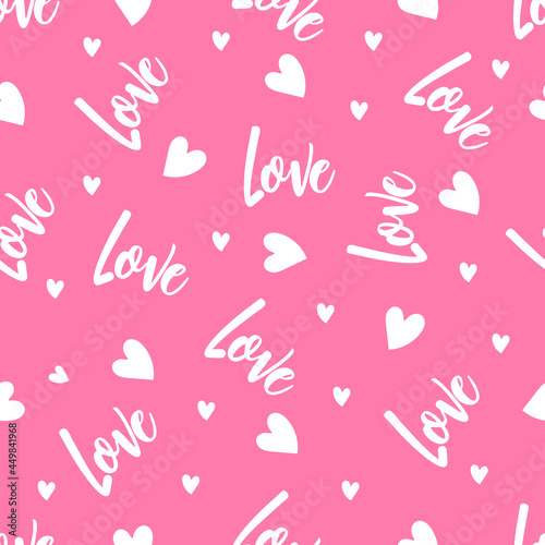 Obraz na płótnie Seamless background with letters and hearts. Pink love lettering pattern.Vector w salonie