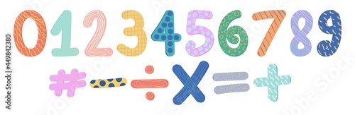 Hand drawn numbers in boho style for decoration design. Doodle set element. Vector kids art illustration.