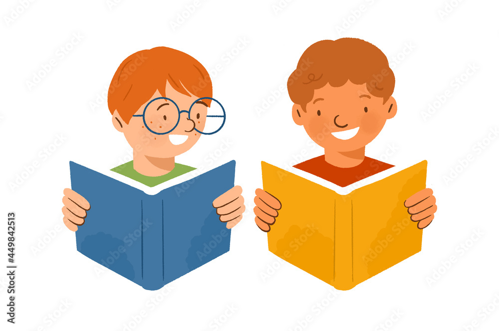 Children reading books, elementary students learning to read, kids from different ethnicities Children reading books, elementary students learning to read, kids from different ethnicities