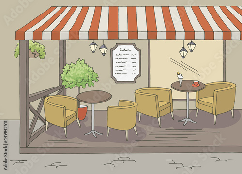 Cafe terrace interior graphic color sketch illustration vector