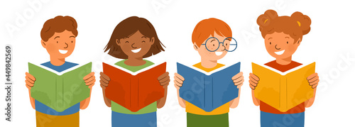 Children reading books, elementary students learning to read, kids from different ethnicities