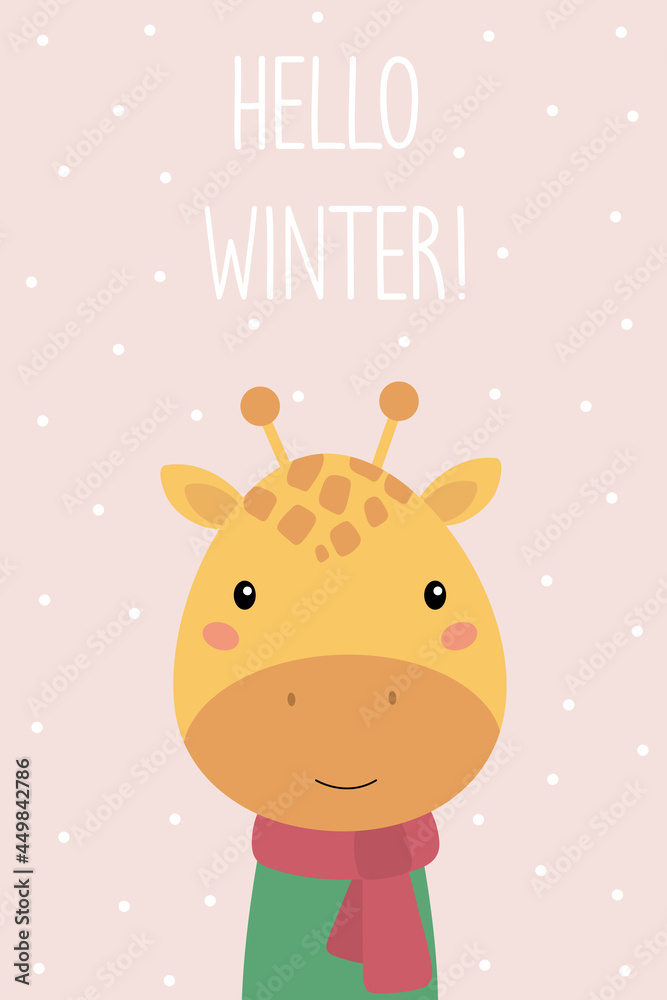 Hello winter. A Christmas card. Cute cartoon giraffe with a scarf. Vector illustration Hello winter. A Christmas card. Cute cartoon giraffe with a scarf. Vector illustration