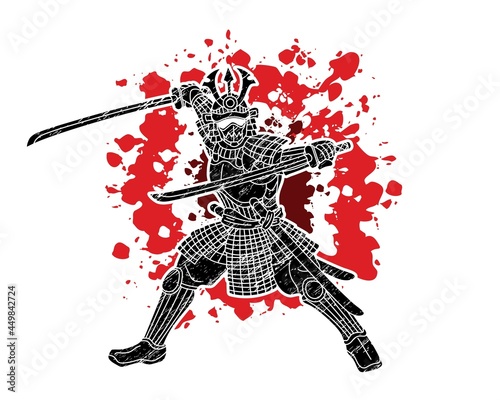 Obraz na plátně Samurai Warrior with Weapon Bushido Action Ready to Fight Cartoon Graphic Vector