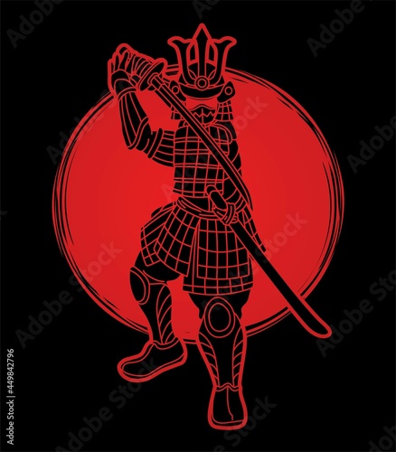 Fotografie, Obraz Samurai Warrior with Weapon Bushido Action Ready to Fight Cartoon Graphic Vector
