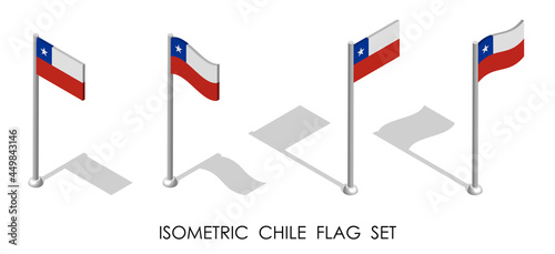 isometric flag of Chile in static position and in motion on flagpole. 3d vector