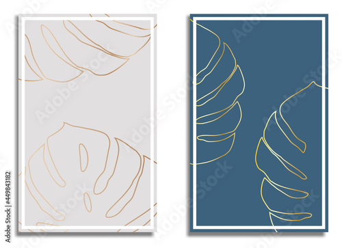 Gold monstera tropical plant leaves. Abstract painting in frame for decor of interior. Heart shaped leaves. Vector