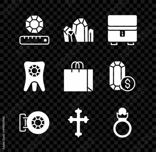 Set Gem stone, Jewelry box, store, Christian cross, Diamond engagement ring, Tooth with diamond and Shopping bag jewelry icon. Vector