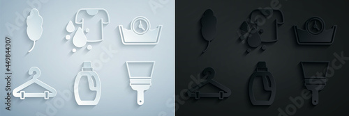 Set Bottle for cleaning agent, Time wash, Hanger wardrobe, Rubber cleaner windows, Dirty t-shirt and Feather icon. Vector