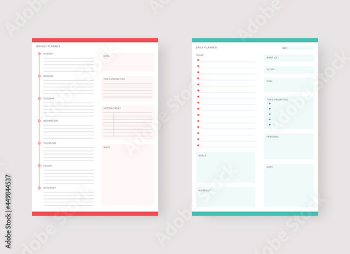 Modern planner template set. Set of planner and to do list. Daily and weekly planner template. Vector illustration.